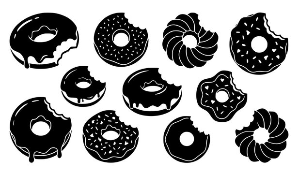 Black bitten donut silhouette vector illustration featuring assorted pastry dessert food icons for bakery branding and commercial design isolated on white background
