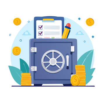 Flat vector illustration of a safe with coins and documents