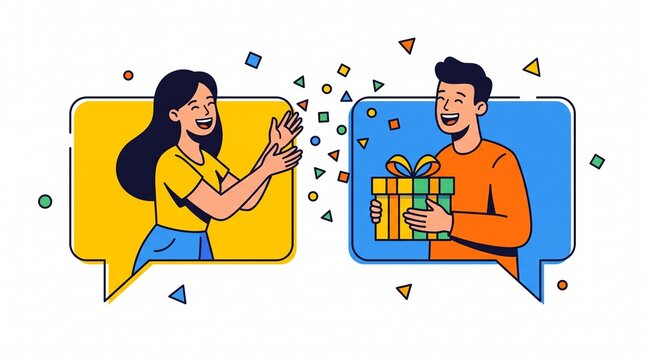 Happy man giving a gift box to a joyful woman in communication speech bubbles