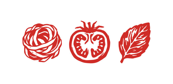 Red linocut icons of pasta tomato and basil for Mediterranean food branding