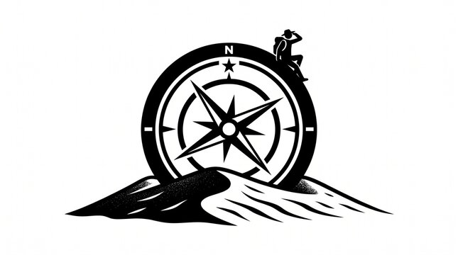 Minimalist explorer sitting on a mountain peak with a compass navigation symbol representing travel and adventure