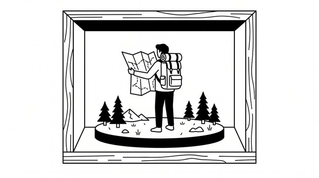 Minimalist hiker with backpack holding a map standing on a small nature diorama inside a wooden frame