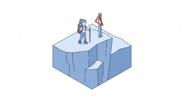 Hiker standing on a snowy mountain cliff with a warning sign in an isometric design
