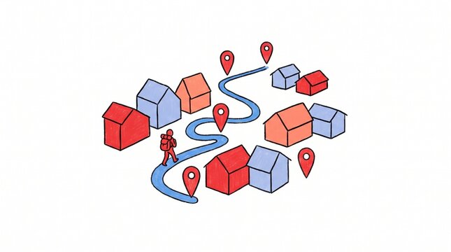 Traveler walking along a winding path through a neighborhood with map location pins