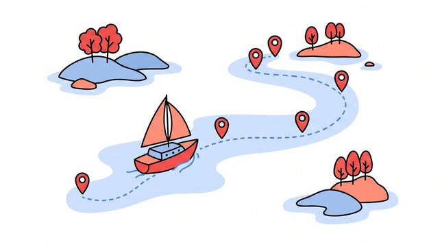Sailboat navigating a water route marked with location pins on a travel map