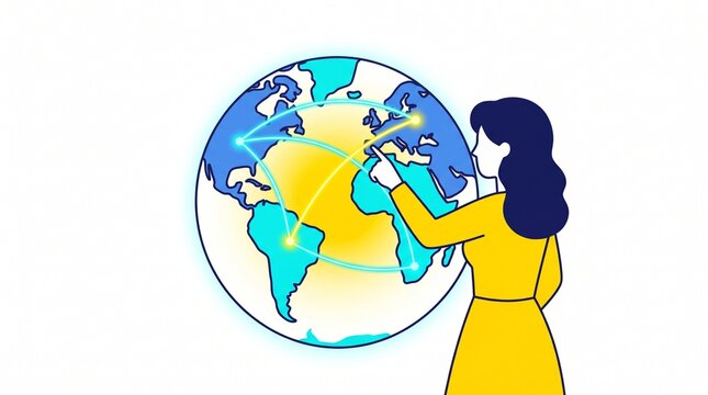 Woman pointing at a glowing global network connection on a stylized world map