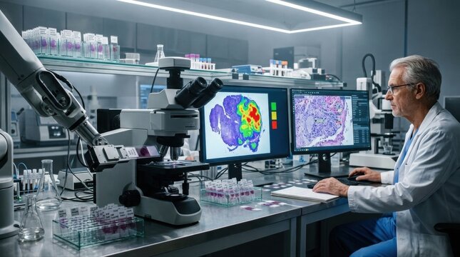 Automated pathology lab with a robotic slide handler moving a stained tissue slide under a microscope, a digital monitor showing Gleason grade heat maps, and an older pathologist reviewing results on