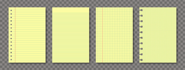 Yellow legal A4 note paper pad sheet collection 4 in 1. Paper notebook legal memo set lined and checkered paper blank layout template. Grid lines chechered texture. Vector illustration © boxerx