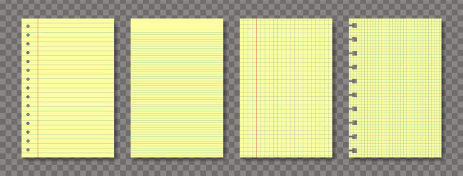 Yellow legal A4 note paper pad sheet collection 4 in 1. Paper notebook legal memo set lined and checkered paper blank layout template. Grid lines chechered texture. Vector illustration