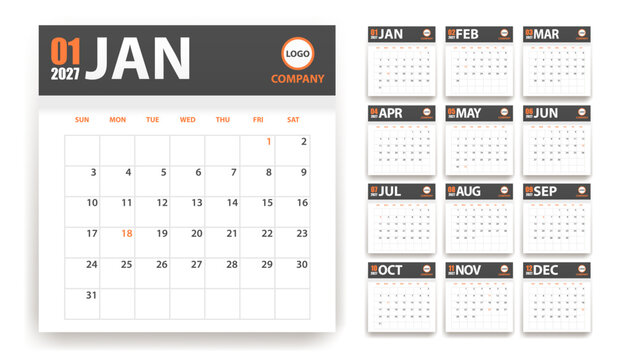 2027 calendar in grey and orange paper stickers style with shadow isolated. Event planner. All size. Vector illustration