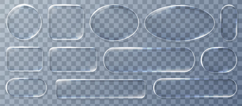 Realistic blue glassmorphism style basic IU mockup elements isolated on transparent background. Neon glass transparent frame collection. Blur grass style shapes template design. Vector illustration
