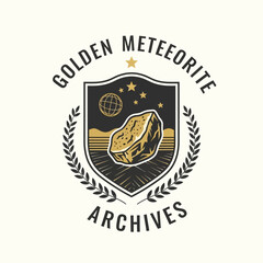 Golden Meteorite Archives vintage shield logo with rock. © GreenDynamic