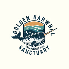 Golden narwhal sanctuary vintage marine life emblem. © GreenDynamic
