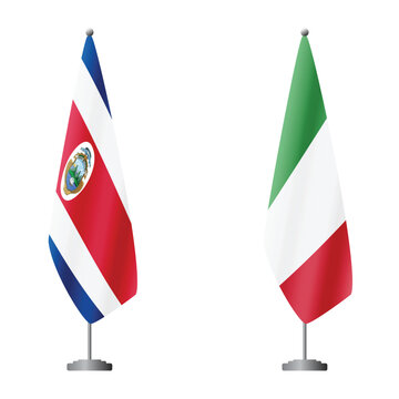 Costa Rica and Italy flags on flagpoles for official ceremonies and meetings, transparent background vector