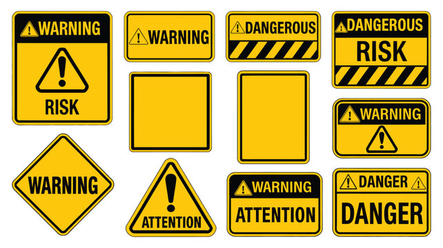 Blank Yellow Danger Signs Vector Set with Empty Warning Symbols and Safety Sign Templates Isolated on White Background