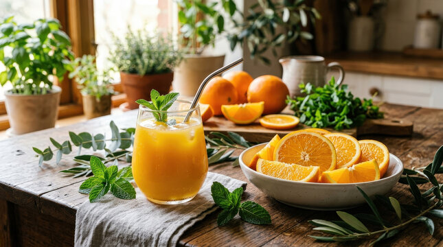 Fresh orange juice glass with fresh citrus and herbal garnishes on rustic wooden tabletop