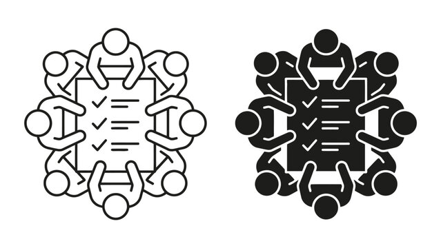 Icon set of collaborative team meeting and checklist review with teamwork