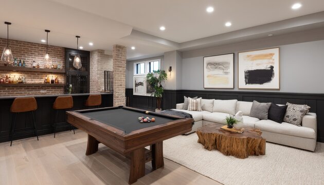 Stylish basement recreation room with a well-appointed bar and pool table