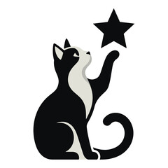 Black and white cat reaching for a star symbol isolated on white background icon © JAWADUL