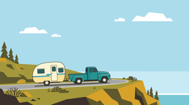Camper Trailer and Pickup Truck on Scenic Coastal Road Trip Vector Illustration