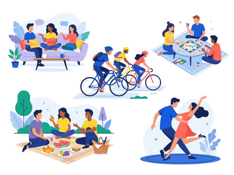 People Engaging in Various Leisure Activities and Social Hobbies Vector Set