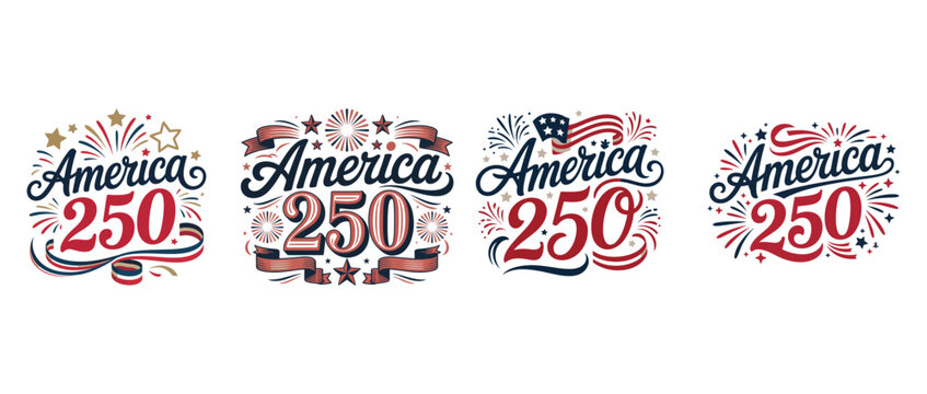 Set of four celebratory America 250th anniversary graphic designs with fireworks and banners