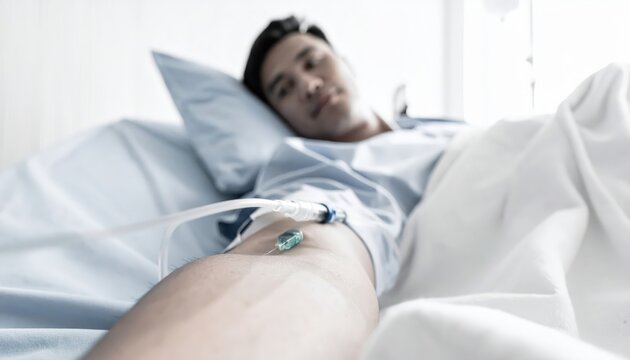 Patient receiving intravenous drip in arm close-up on needle insertion point