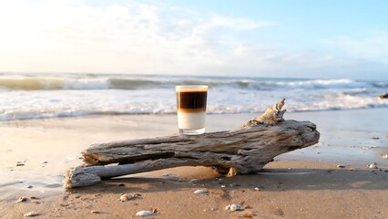 Fototapeta premium Layered coffee glass on driftwood at a scenic beach with ocean waves