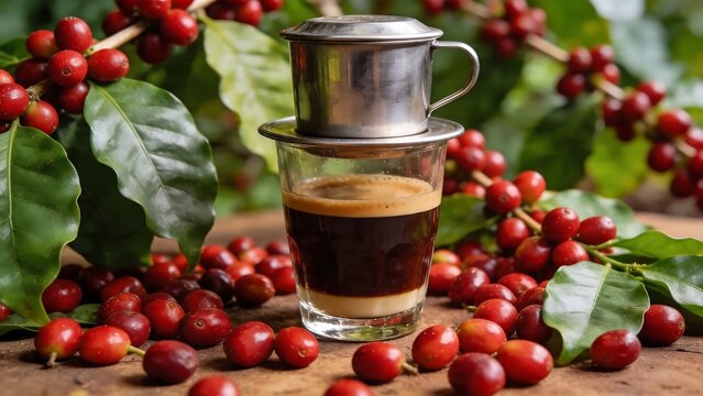 Traditional Vietnamese drip coffee in glass with metal phin filter surrounded by fresh red coffee cherries