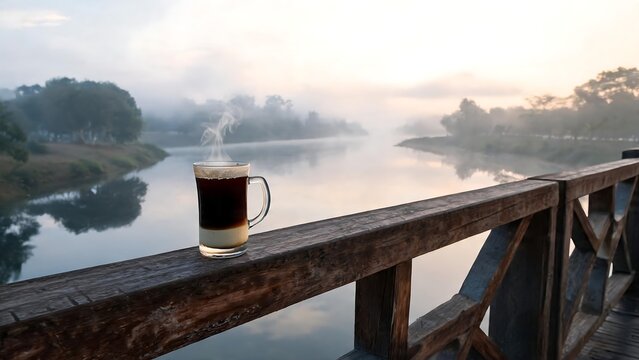 Hot coffee glass mug on wooden bridge railing with scenic misty river landscape background at morning sunrise