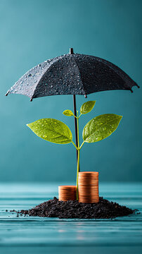A small plant growing from soil atop stacked coins, protected by a black umbrella, symbolizing financial growth and investment protection.