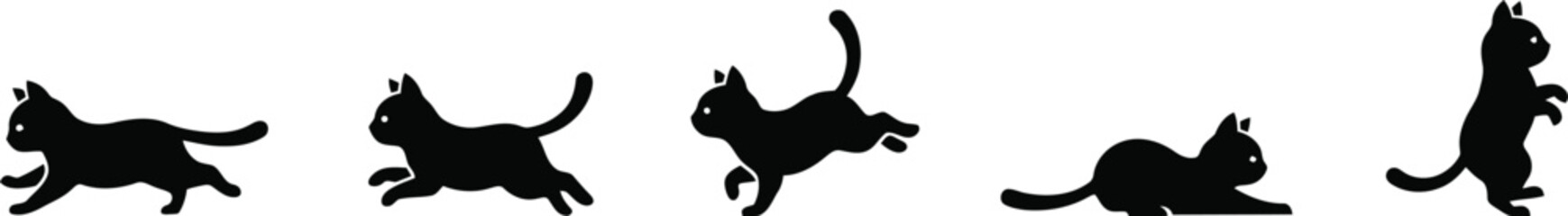 Set of black cat silhouette illustrations in various dynamic active poses © Md Mujahid Fakir