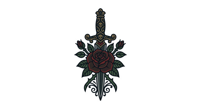 A traditional tattoo style illustration featuring a sharp dagger piercing through a blooming red rose