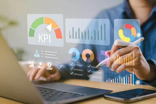 KPI analytics dashboard showing charts, performance metrics, AI insights and task checklists used by man on tablet for business data analysis, digital strategy planning and productivity management