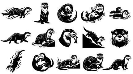 Fototapeta premium Black and white otter illustrations, vector icons, and stylized drawings