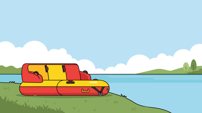 Inflatable Water Couch Float on Grassy Shore by Lake for Summer Recreation