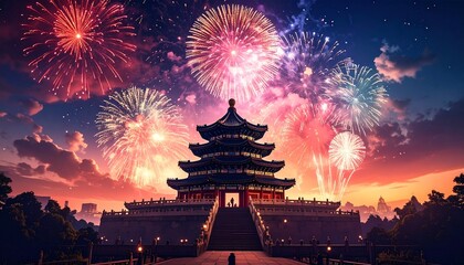 Fototapeta premium Spectacular Fireworks Display Over Traditional Chinese Architecture at Night.