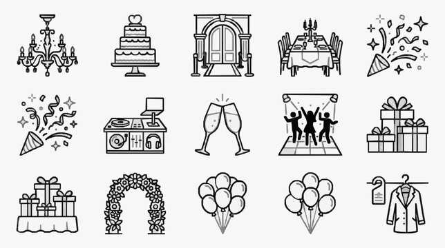 Creative Black and White Line Art Icons Set Featuring Party Wedding and Celebration Elements with high quality professional line art symbols for modern creative design and digital branding projects