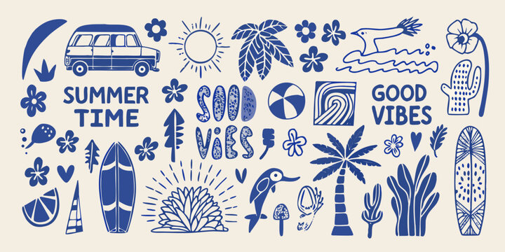 summer time retro hand drawn vector illustrations van sun palm tree flower surfboard bird cactus beach