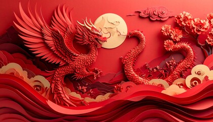 Fototapeta premium Vibrant Red Phoenix and Dragon Art - A Celebration of Chinese Culture.