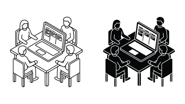 Business team planning session with large laptop icon set office life business