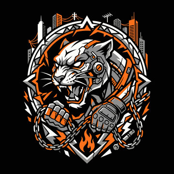 Aggressive robotic tiger holding chains in a futuristic city