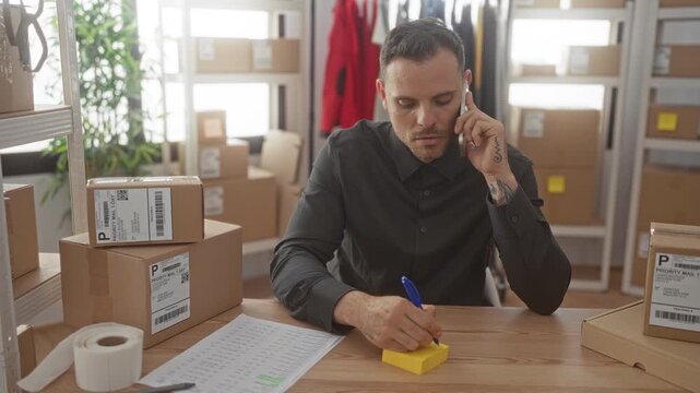 Man holding smartphone to ear and writing on a yellow sticky note amid stacked shipping boxes at a building packing desk; focused entrepreneurship.
