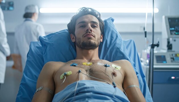 Patient undergoing vital signs monitoring with electrocardiogram electrodes in hospital bed