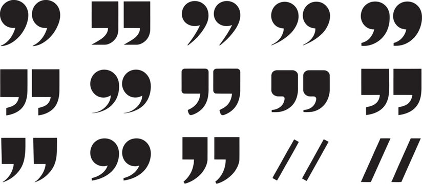 Quote mark speech icons, quotation and dialogue symbols, chat bubble punctuation graphics, text citation marks, communication design elements, and versatile vector illustration set.