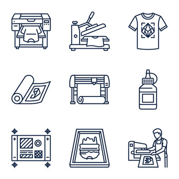 Textile Printing Icons: DTG, Heat Press, Screen Printing, Cutter, Transfer Film, Ink