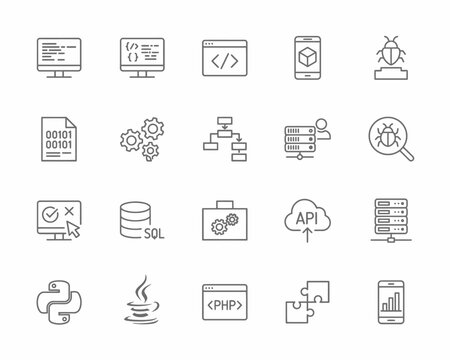 Software development and programming languages line icon set