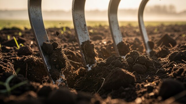 Farm Tines Breaking Up Rich Soil in a Sunlit Field