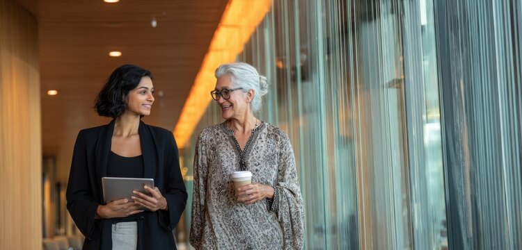 Two women of indian descent walking and conversing in a office hallway