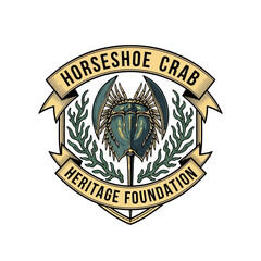 Naklejka premium Horseshoe crab heritage foundation symmetrical wildlife emblem.